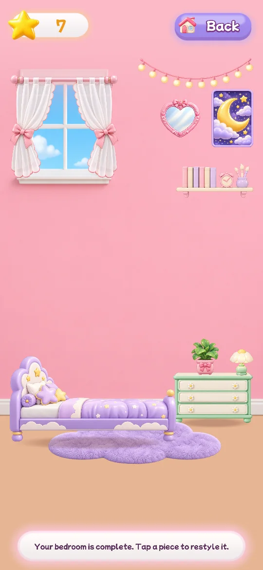 The bedroom, fully decorated
